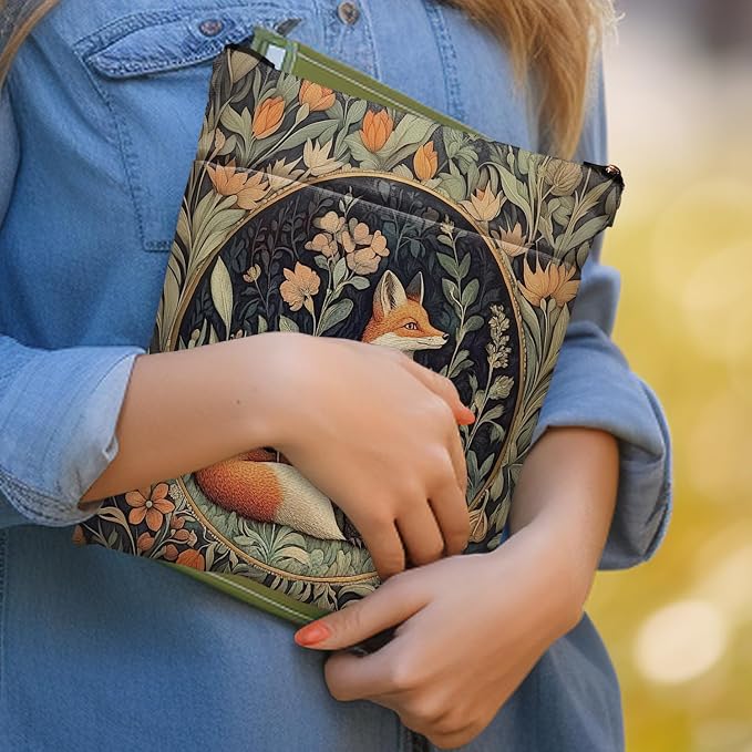Vintage Flower Fox William Morris Book Sleeve for Book Lovers, Bookish Book Protector with Zipper, Washable Fabric Book Cover for Paperbacks & Hardcovers,11.4 x 9.1Inches (Orange Flower-Fox, Medium)