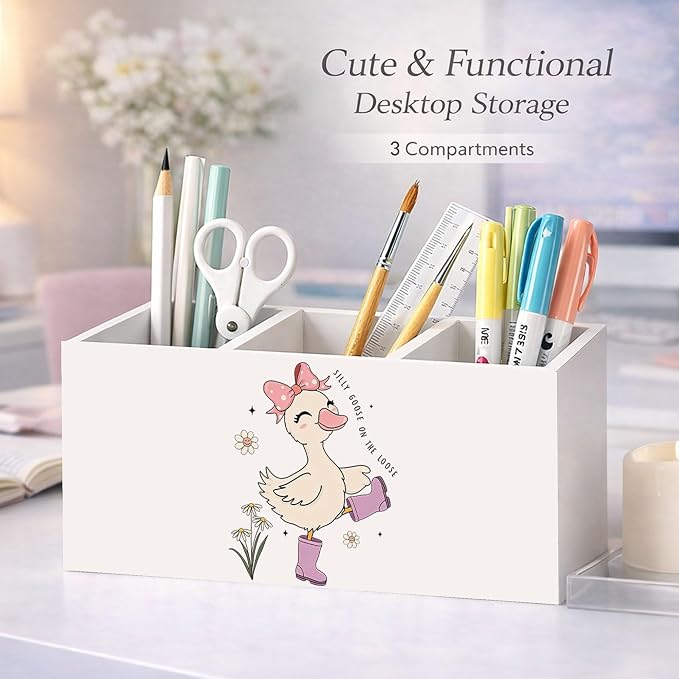 Silly Pink Goose Wooden Desk Organizer, Cute Goose Design Pen Pencil Holder with 3 Compartments, Decorative Office Supply Storage Box for Desk, Home, Office, Gift for Girls