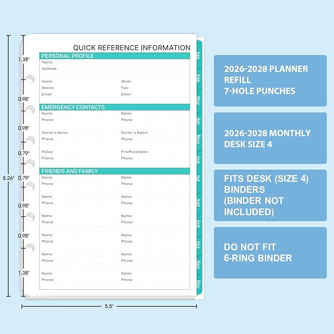 2026-2028 Monthly Planner Refill - Planner Inserts with 7-Hole Punched, 5-1/2" x 8-1/2", Runs from July 2026 to June 2028, Two Pages Per Month, Monthly Calendar with Monthly Tabs