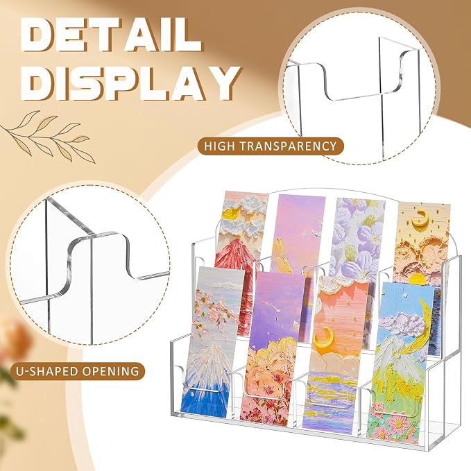 Yuntau Acrylic Bookmark Display, Adjustable 2. 2'' Bookmark Stand, Portable Sticker Holder, Curved Pockets Greeting Card Display for Business Vendor, Retail Store Shop(Integrated,8 Pockets)