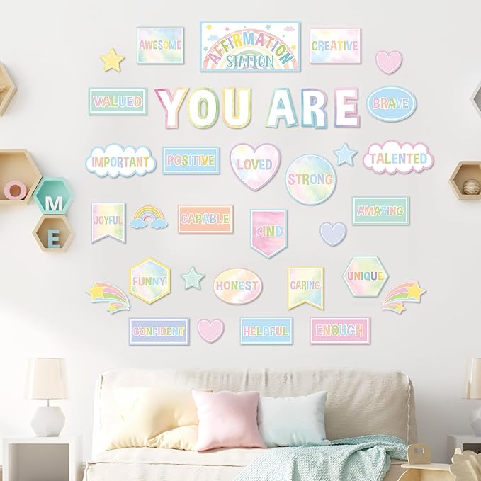 Pastel Affirmation Station Motivational Bulletin Board Set Pastel Rainbow Bulletin Board for Classroom Wall Decor Positive Affirmations Station Posters Mental Health Cutouts for Classroom Mirror Decor
