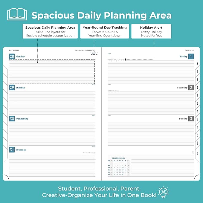 Weekly Monthly 2026-2027 Planner (July 26-Dec 27),11.5"x8.5",18 Months Agenda Plan with Month Tabs & Pocket,Expenses/Note Pages, Academic Calendar with Vegan Leather Cover,Light Blue