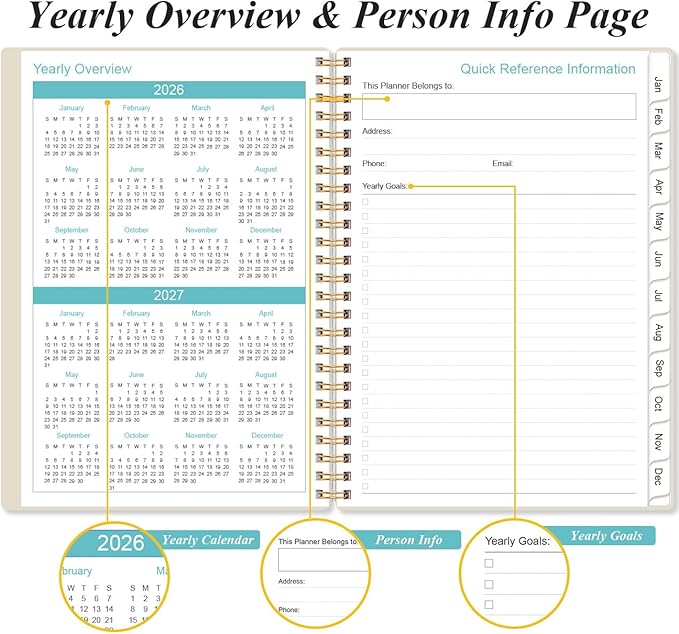2026 Planner - Weekly and Monthly Calendar Planner from Jan 2026 - Dec 2026, Planner 2026 Spiral Bound with 12 Monthly Tabs, Inner Pocket, Perfect for School Office Supplies, 6.4" x 8.5", Beige