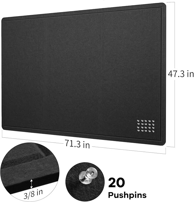 Lightomorrow Large Bulletin Board - 72 x 48 Inches, Decorative Felt Pin Board for Wall - 6' x 4' Foldable Photo Display Board with Self-Adhesive Tape, Includes 20 Push Pins - Black