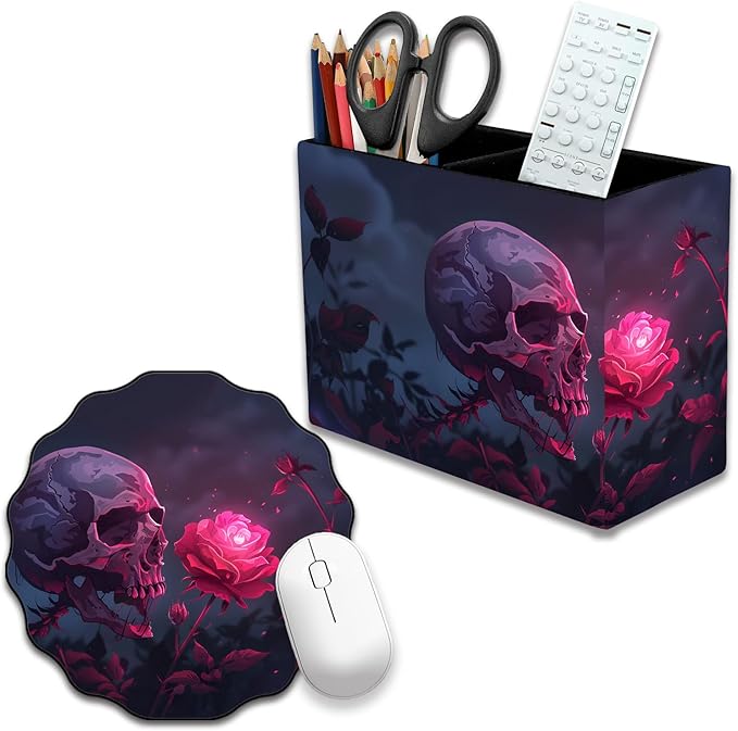 Pen Holder and Anti-Slip Mouse Pad Combination, Makeup Brush Storage Box, Tableware Storage Box, Suitable for Office and Home - Rose Skull