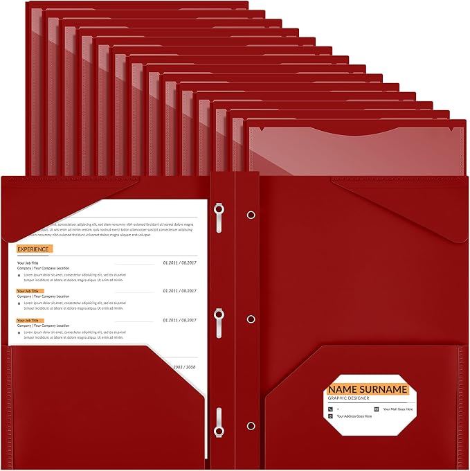 Henoyso 36 Pcs Plastic Folder with Clear Front Pocket and 3 Prong Plastic Folders with Card Slot Pocket Folders with Prongs for School Office (Burgundy)