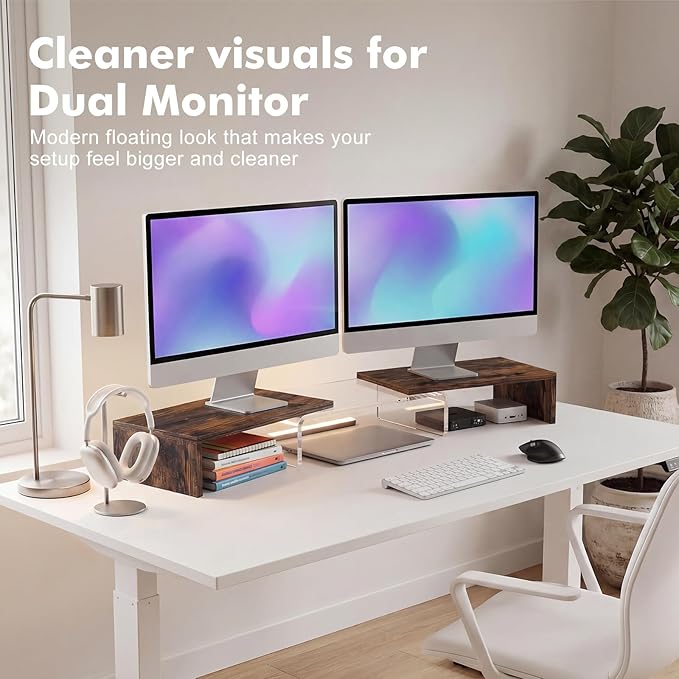 Dual Monitor Riser, Acrylic Monitor Riser, Adjustable Angle & Length Computer Monitor Stand, Wide Desk Shelf for Top of Desk for Home Office_Wood Look Small