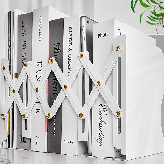 Heavy Duty Book End to Hold Books, Goihgioh Adjustable Bookends Book Organizer for Desk, Decorative Book Holders for Shelves, White Metal Book Ends for Office Home Tabletop