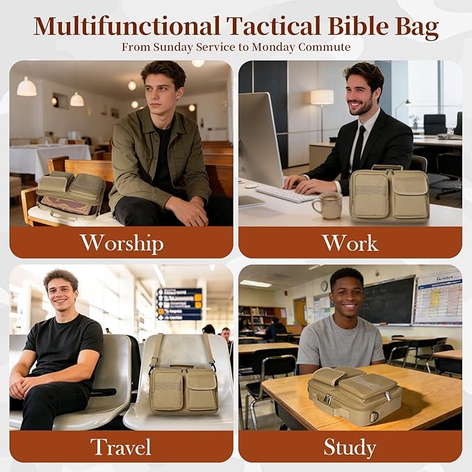 Tactical Bible Cover for Men, Bible Carrying Case with Multiple Pockets & Top Handle & Shoulder Strap & MOLLE System, Bible Bag for Church, Study, Travel, Bible Protector and Christian Gift (Apricot)