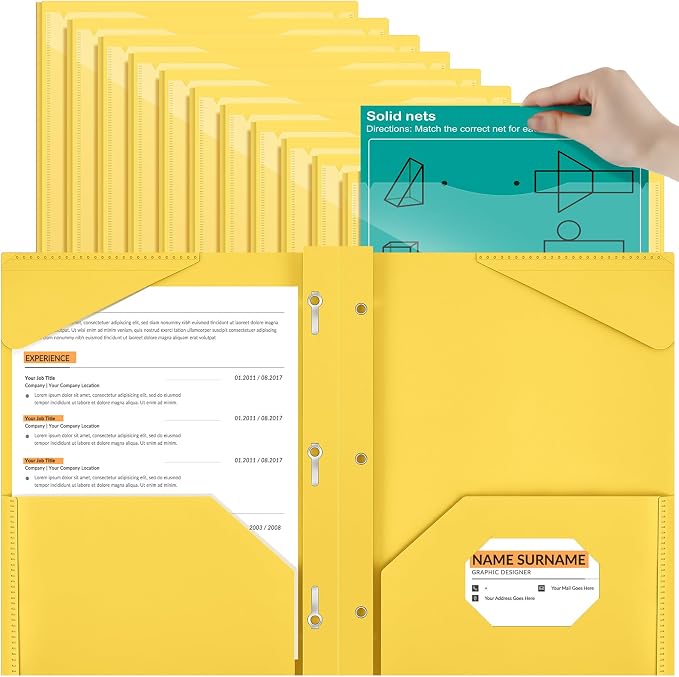Henoyso 18 Pcs Plastic Folder with Clear Front Pocket and 3 Prong Plastic Folders with Card Slot Pocket Folders with Prongs for School Office (Yellow)