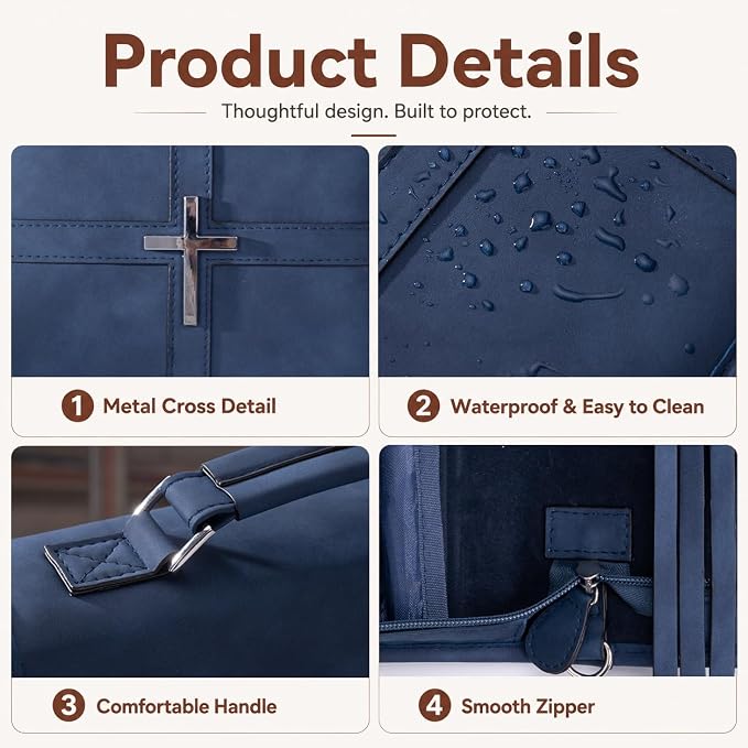 Bible Cover for Men and Women, PU Leather Large Bible Bag with Handle & Shoulder Strap, Bible Carrying Case with Cross Design and Pockets for Church, Bible Study & Christian Gifts, Blue