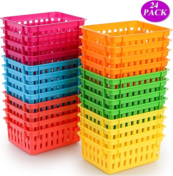 DEAYOU 24 Pack Classroom Storage Baskets, Small Plastic Baskets for Organizing, Colorful Storage Trays, Crayon Pencil Containers Organizer Bins for Desk, Drawer, Home, Office, 6.1"L x 4.7"W x 2.4"H