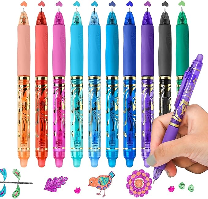 10Pcs Colored Erasable Gel Pens, Click Fine Point 0.5 mm, Quick-Drying, Retractable Comfort Grip Writing Pens for School, Office, Exams