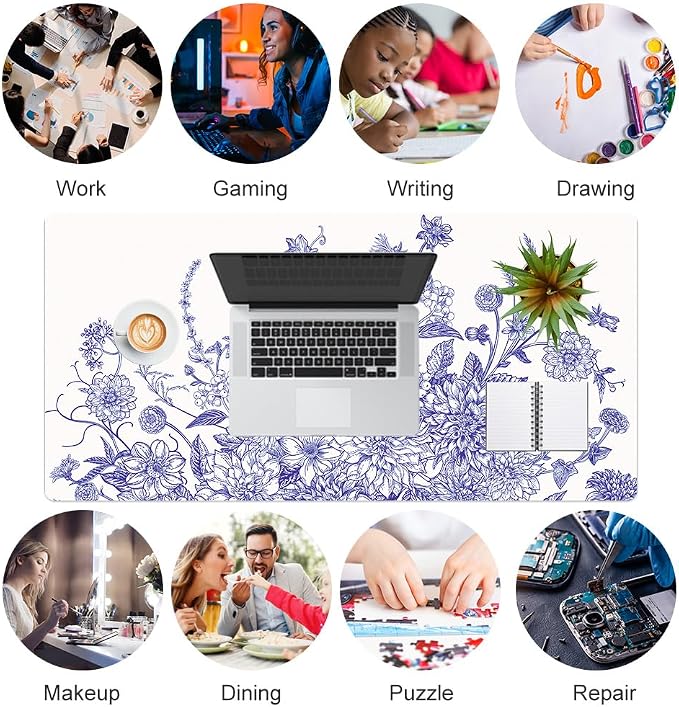 Colorful Star Large Mouse Pad, Floral Desk Mat Office Supplies, Waterproof Faux Leather Big Gaming Mousepad for Women Girls, Vintage Blue Flowers Desk Pad Home Office Décor Accessories 31.5" x 15.7"