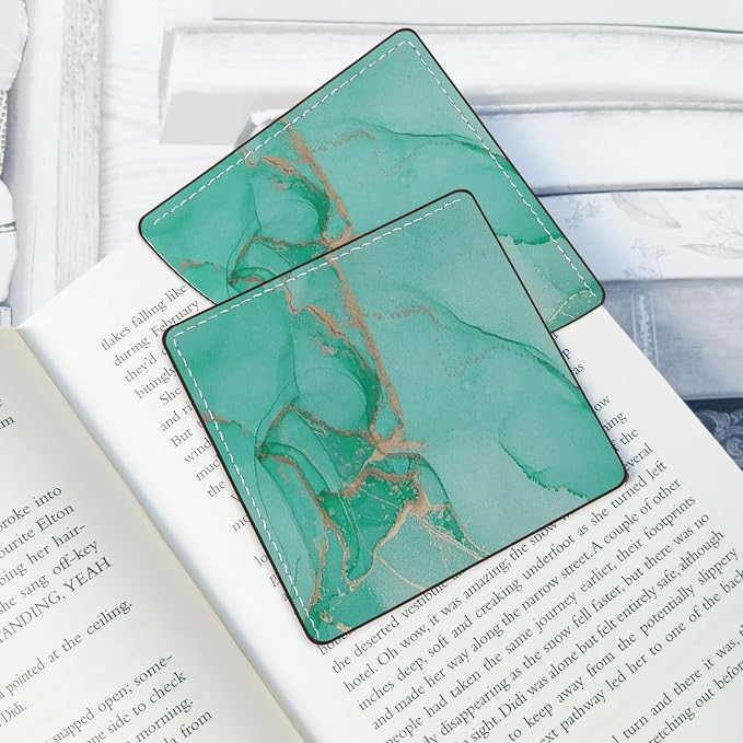 2 Pack Green and Blue Marble Leather Book Corner Bookmark, Durable Handmade Reading Accessories - Gifts for Readers, Women, Men, Teachers, Students