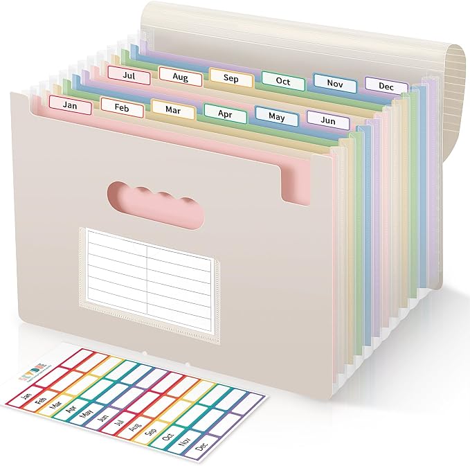 SKYDUE 13 Pocket Expanding File Folder, Accordion Document Organizer with Monthly Labels, A4 & Letter Size for Tax Records, Medical Files, Receipts, Home Office Brown
