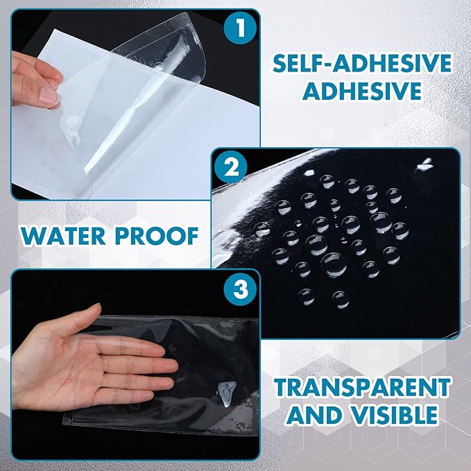 Outus 60 Pcs Self Adhesive Shop Ticket Holders Clear Plastic Sleeves Adhesive Pockets Work Order Job Ticket Holders for Back to School Student Label Home Office Posting Signs (5 x 8 Inch)