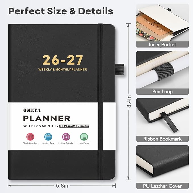 OMEYA Leather Academic Planner 2026-2027: A5 Black Business Weekly & Monthly Planner for Work, July 2026 – June 2027, 100gsm Thick Paper, Durable Stitched Binding, Tabs, Pen Loop, Pocket
