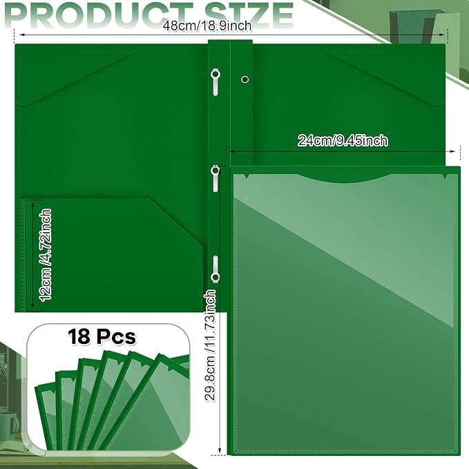 Henoyso 18 Pcs Plastic Folder with Clear Front Pocket and 3 Prong Plastic Folders with Card Slot Pocket Folders with Prongs for School Office (Dark Green)