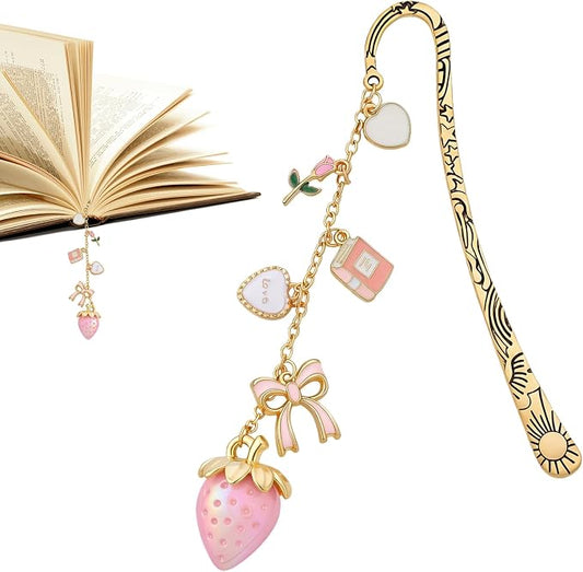 Cute Metal Bookmark Gifts - Gold Aesthetic Strawberry Bookmarks for Women Book Lovers Pink Bow Flower Charm Pandent Page Marks School Reading Accessories Bookish Birthday Graduation Gift