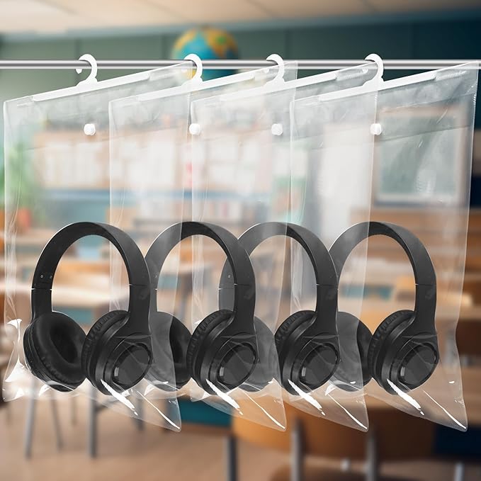 Gersoniel 24 Pack Large Classroom Headphone Hook Hanging Storage Bags 11.6" x 15" PVC Clear Plastic Organizer Bags with Name Sticker Reusable Waterproof and Dustproof Ideal for Classroom Library