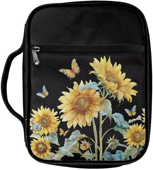 Coldinair Sunflower Bible Cover for Women Girls Butterfly Bible Case Scripture Study Carrying Book Cover Church Bag Protective with Handle and Zippered Pocket