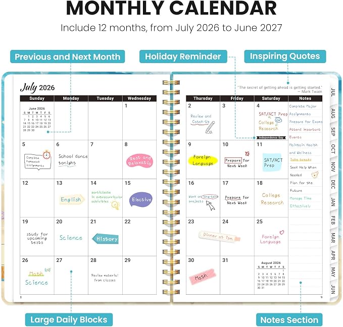 Planner 2026–2027, Academic Planner Weekly and Monthly Calendar Jul 2026 – Jun 2027 Hardcover Planner with Tabs and Pocket, Spiral Bound Agenda Book for Student & Teacher, 6.3" x 8.5", Beach Pups