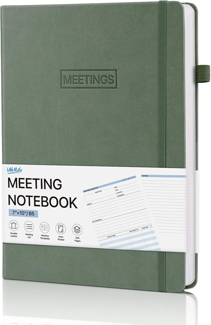 WEMATE Meeting Notebook for Work, Work Planner Notebook With Action Items, Easily Take Meeting Notes & Keep Agendas on Track, Calender, Index Page, Inner Pocket, 7×10 Inch, Olive Green