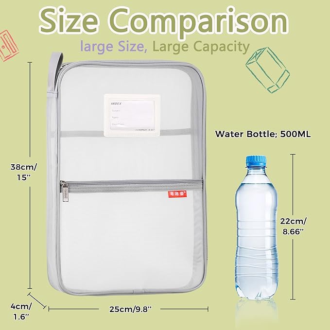 Pendancy Mesh Zipper Pouch 14.8x10.8 in Transparent Lightweight Nylon File Folders, A4 Size Multi-layer Subject Document Organizer Accessories Storage bag for Office and School Supplies(Gray)