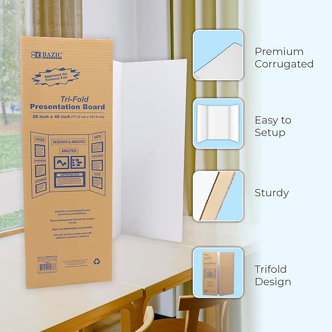 BAZIC Products Trifold Poster Board – White Corrugated Cardboard Display Board for school projects, science fairs, photos, charts, and classroom presentations, 28" x 40", 1-Pack