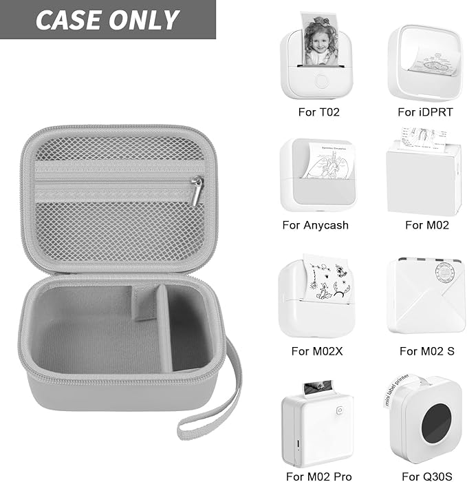 Sticker Printer Case for IDPRT/for Anycash/for ETIKEZ PM290C/ for Memoking T02/ for Phomemo M02/ T02/ Q30S Mini Photo Printer. Holder for Label Maker, Thermal Paper, USB Cable (Box Only)-Gray