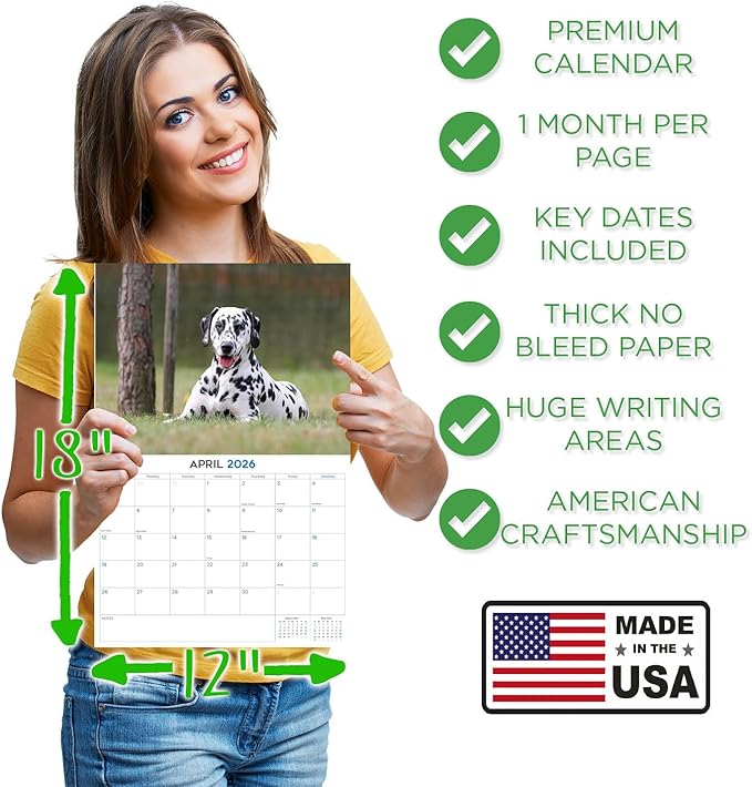 2025 2026 Dalmatian Calendar - Dog Breed Monthly Wall Calendar - 12" x 18" Open - Thick No-Bleed Paper - Giftable - Academic Teacher's Planner Calendar Organizing & Planning - Made in USA