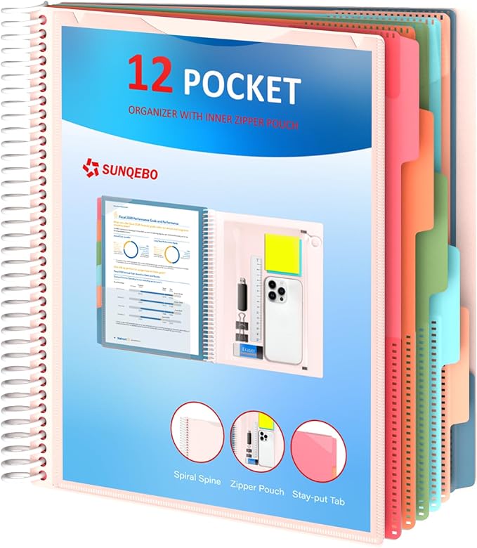 12 Pocket Project Organizer, 6 Colors Multi Pocket Folder Binder with Dividers, Spiral Pocket Notebook with Zipper Pouch, Office Organizer File Folders, Letter Size, School Supplies, White
