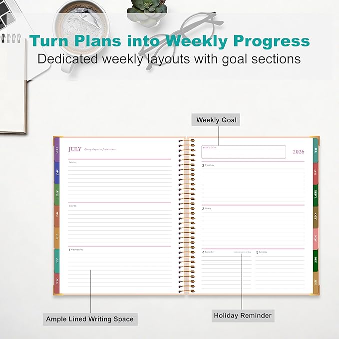 CAGIE Planner 2026-2027, 18 Month Weekly and Monthly Planner, Marble Design Calendar with Tabs, Jul 2026–Dec 2027, Large 8.5" x 11" A4 Hardcover Spiral Agenda Planner for Home, Work, School and Teacher (Green）
