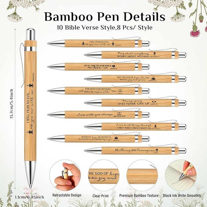 80 Set Christian Religious Gifts Bulk Include Bible Verse Pens and Inspirational Bookmarks Scripture Quote Bible Study Group Church Gifts for Christian Graduation Mother's Day Pastor (Bamboo)