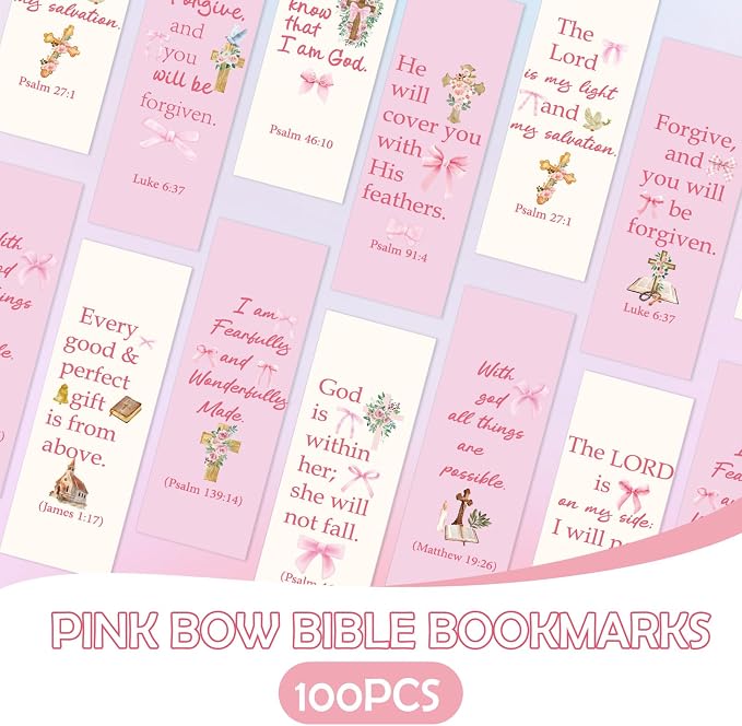 100 Pcs Christian Bookmarks, Religious Pink Bow Cross Flower Paper Bookmark Bulk for Women, Inspirational Bible Verse Book Mark Gift for Reading Lovers Church Accessories