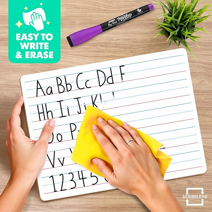 Scribbledo Double Sided Whiteboard Lined Dry Erase Board for Kids Ruled Writing Board Handwriting Practice Small White 9x12 Dry Erase Board with Lines Education Teacher Supplies