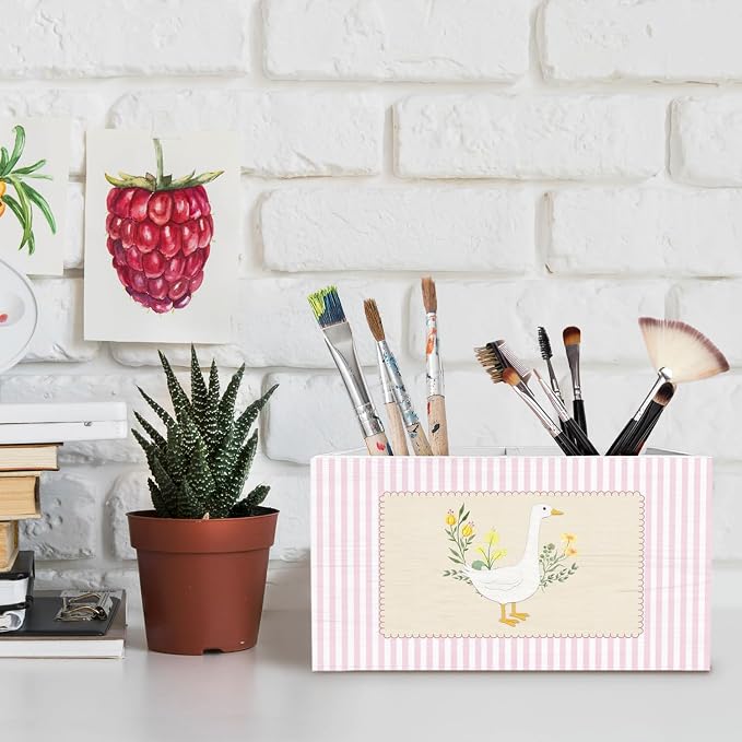 Pink Floral Goose Pen Pencil Holder for Desk, Goose Nursery Decor, Pink and White Striped Flower Geese Wooden Box Sign Desk Decor for Kids Girls Room Nursery Playroom Decoration