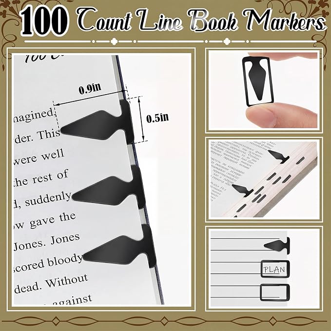 Spakon 100 Count Tin Mixed Metals Book Line Markers Arrow Bookmarks and Page Markers for Reading Teachers Students Book Lovers School and Work(Black)