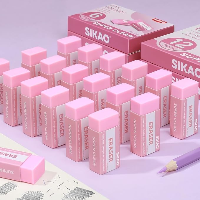 Pink Erasers, 12 Pack Block Pencil Erasers – Smudge-Free Latex-Free Cute Erasers for Kids & Girls, School Supplies, Clean Erase for Homework, Journaling & Drawing