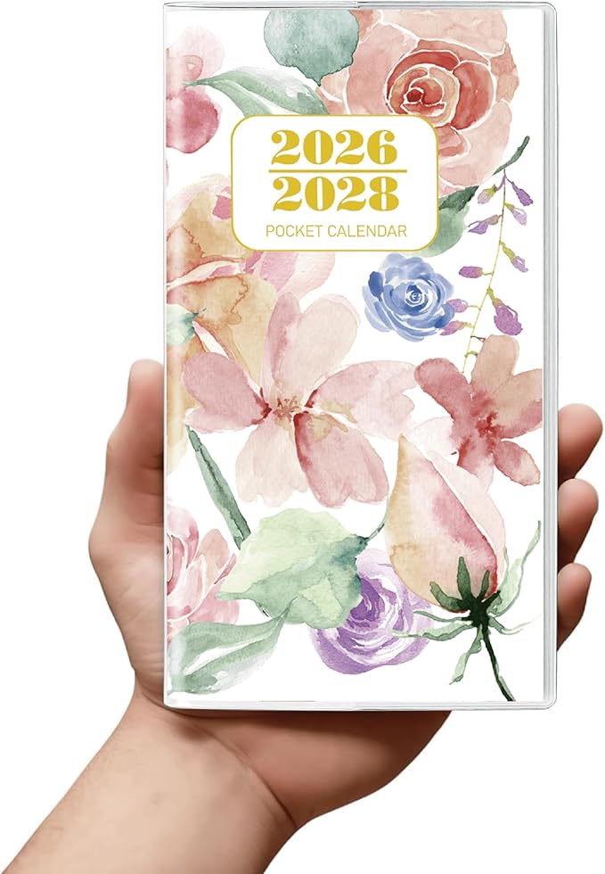 Pocket Calendar 2026-2028 Floral Series, Monthly Planner Jan 2026 to Jul 2028 (3.7" x 6.7") Perfect Purse Calendar, Pocket Agenda with Protective Plastic Sleeve-Multicolor Floral
