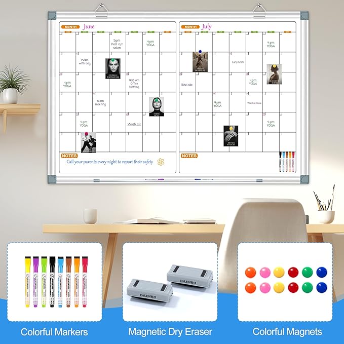 Calendar Whiteboard for Wall, 2 Month Calendar Dry Erase Board 36 X 24 Inch, Silver Aluminum Frame Hanging or Wall Mount Board with 2 Eraser, 8 Marker, 12 Magnet