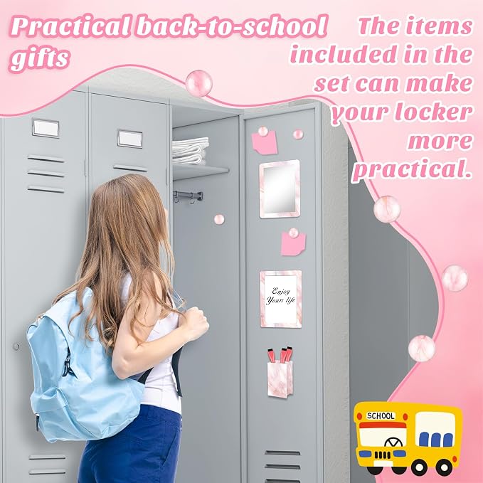 Denylo pro Magnetic Locker Marble Accessories Kit Pink Back to School Essentials Locker Organizer Supplies Include Mirror Whiteboard Pen with Holder Magnet Magnetic Buckle Back to School Essentials