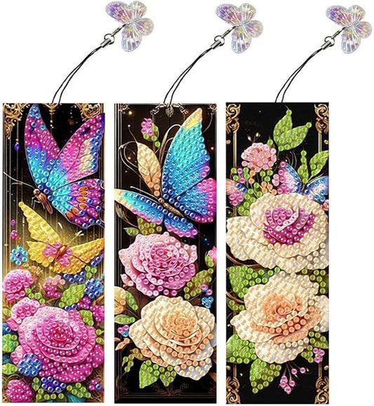 ARTopet 3Pcs DIY Diamond Art Painting Bookmarks with Colorful Butterfly Pendant PET Bookmark Ornament Double Sided Pattern Single Sided Diamond Book Marker Clip Gifts Tags-Colorful Butterfly