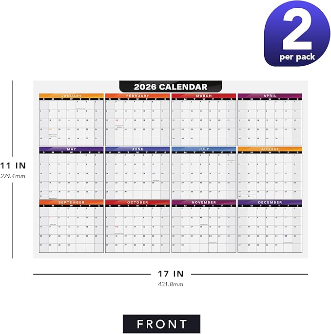 2026 Full Desk Calendar - 11 x 17” Large Size 12 Month Wall Planner for Office and Homes - 2 Sided Vertical and Horizontal Reversible - Printed on Thick & Durable 80lb Cardstock (216 gsm) - 2 Per Pack