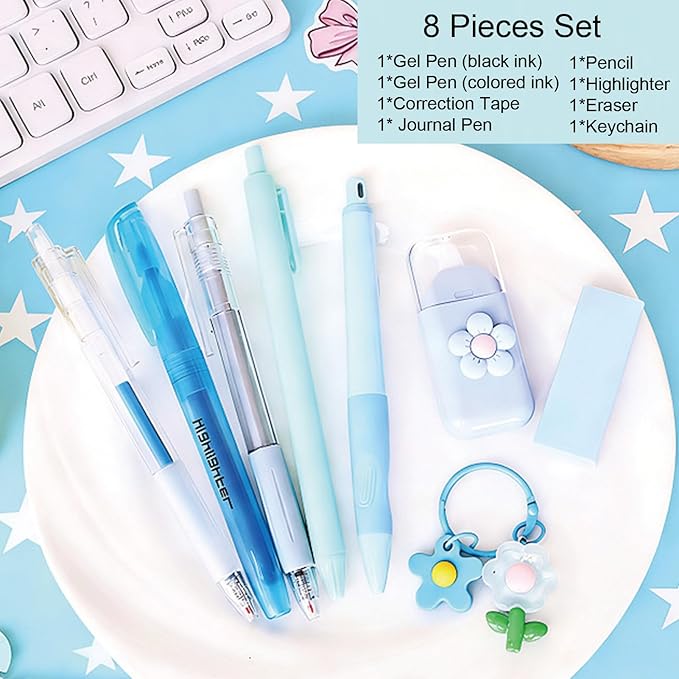 MOZXIRZ 8 Pcs Cute Blue Stationery Set for Girls Boys Women Back to School Supplies Office Supplies Kawaii Candy Colors Stationery Gift Including Pen Pencil Highlighter Eraser (Blue)