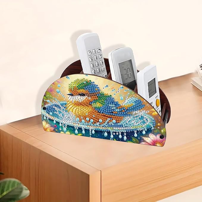 Remote Control Holder with 4 Compartments, DIY Diamond Art Painting Wooden Half Moon TV Control Holder for Remote Controllers, Office Supplies, Makeup Brush, Media Accessories-Bird
