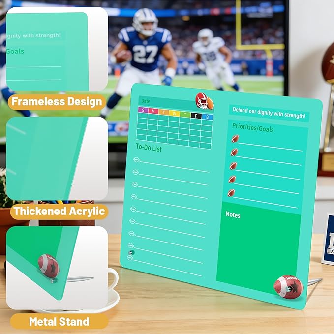LeMotech Desktop Acrylic Dry Erase Board, 12x10 inches Weekly & to-Do List Planner, Tabletop Whiteboard with Stand, Office Supplies Includes 2 Markers & 1 Eraser, Green Football Pattern, 1 Pack