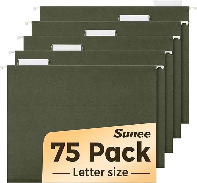 SUNEE Hanging File Folders, 75 Pack Reinforced Hang Folders Letter Size, Adjustable 1/5-Cut Tabs, Designed for Bulky Files, Filing Cabinet, Standard Green