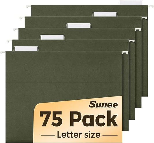 SUNEE Hanging File Folders, 75 Pack Reinforced Hang Folders Letter Size, Adjustable 1/5-Cut Tabs, Designed for Bulky Files, Filing Cabinet, Standard Green